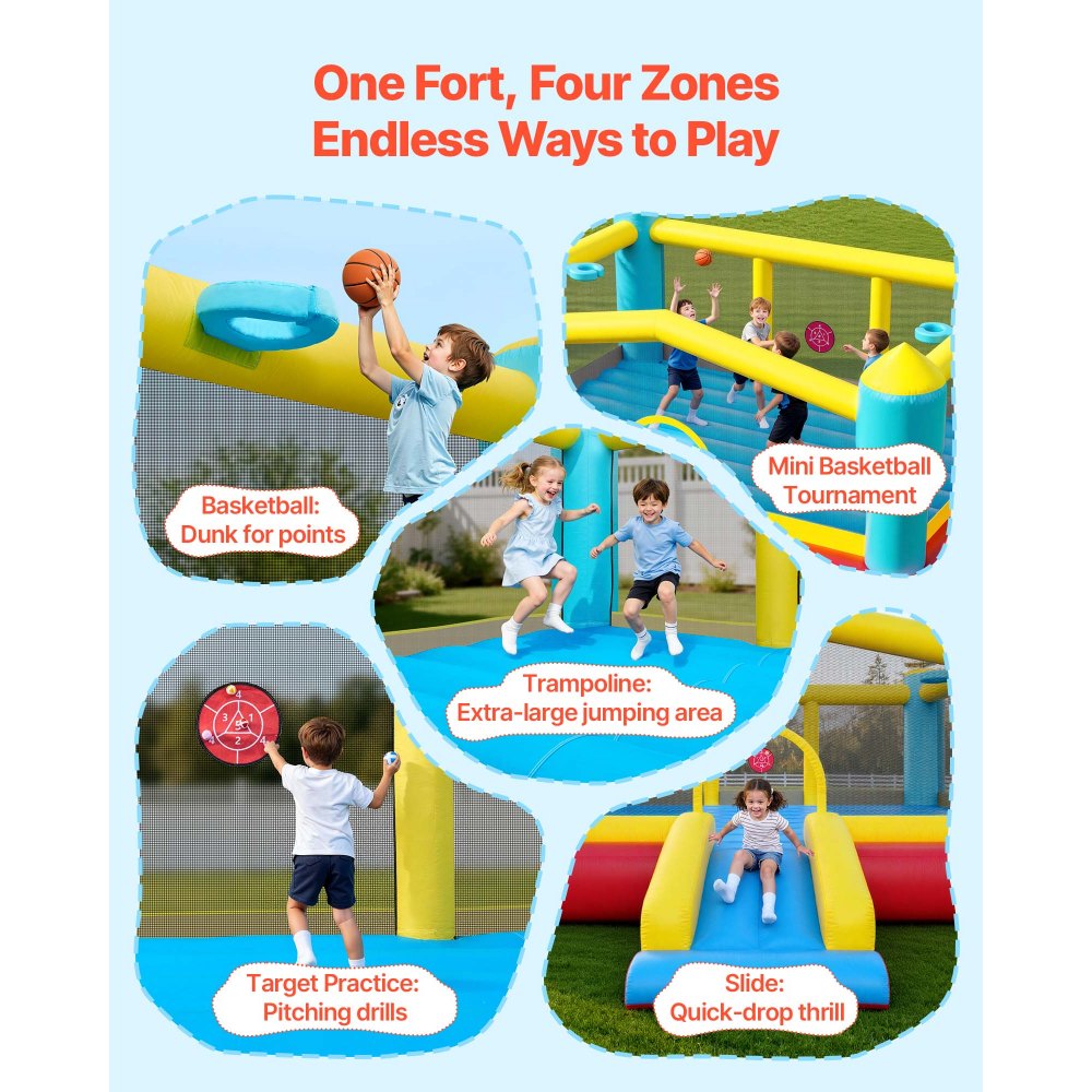 VEVOR Inflatable Bounce House, 14.7 x 13.8 x 6.8 ft Jumping Bouncy Castle, Inflatable Jumper for Kids with Slide, Basketball Hoop, Target Game & Jumping Area, Jumpings House Holds 3-4 Kids (Ages 3-8)