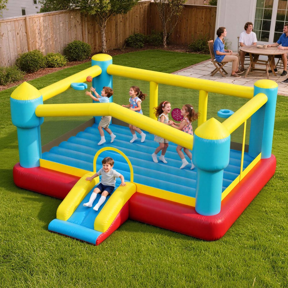 VEVOR Inflatable Bounce House, 14.7 x 13.8 x 6.8 ft Jumping Bouncy Castle, Inflatable Jumper for Kids with Slide, Basketball Hoop, Target Game & Jumping Area, Jumpings House Holds 3-4 Kids (Ages 3-8)