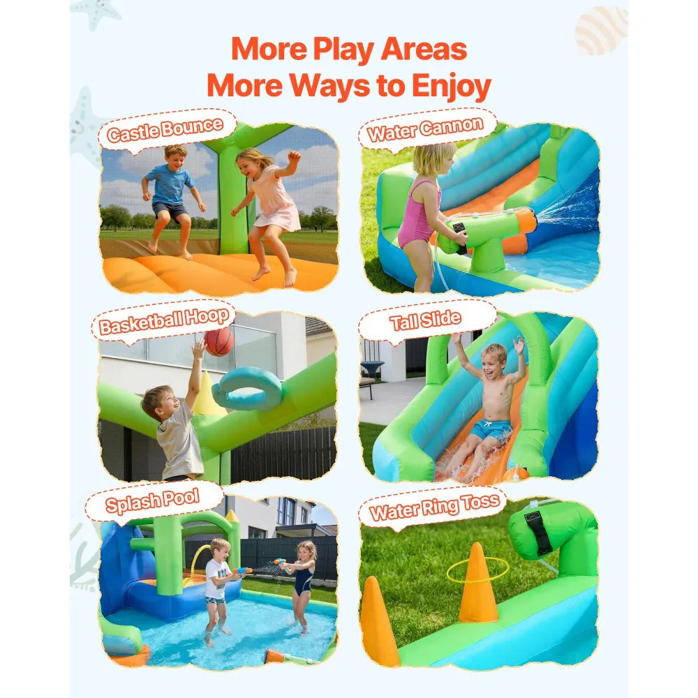 VEVOR Inflatable Bounce House, 11.3 x 12.3 x 7.0 ft Inflatable Bounce House Water Slide, Bouncer Castle with Castle Bounces, Basketball Hoop, Splash Pool & Water Ring Toss, for 3 to 4 Kids Ages 3 to 8