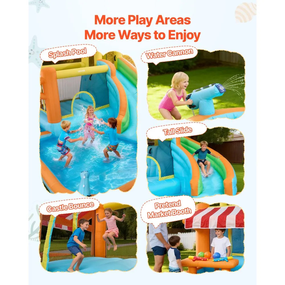 VEVOR Inflatable Bounce House, 14.9 x 12.8 x 7.8 ft Inflatable Bounce House Water Slide, Bouncer Castle with Castle Bounces, Tall Slide, Splash Pool & Pretend Market Booth, for 3 to 4 Kids Ages 3 to 8
