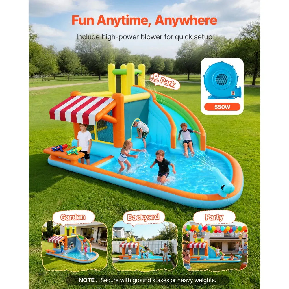 VEVOR Inflatable Bounce House, 14.9 x 12.8 x 7.8 ft Inflatable Bounce House Water Slide, Bouncer Castle with Castle Bounces, Tall Slide, Splash Pool & Pretend Market Booth, for 3 to 4 Kids Ages 3 to 8