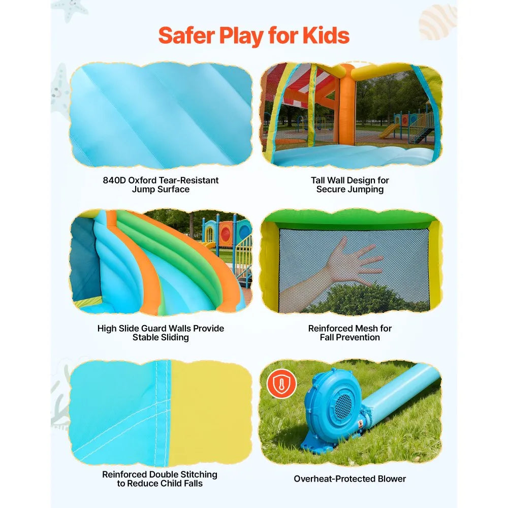 VEVOR Inflatable Bounce House, 14.9 x 12.8 x 7.8 ft Inflatable Bounce House Water Slide, Bouncer Castle with Castle Bounces, Tall Slide, Splash Pool & Pretend Market Booth, for 3 to 4 Kids Ages 3 to 8