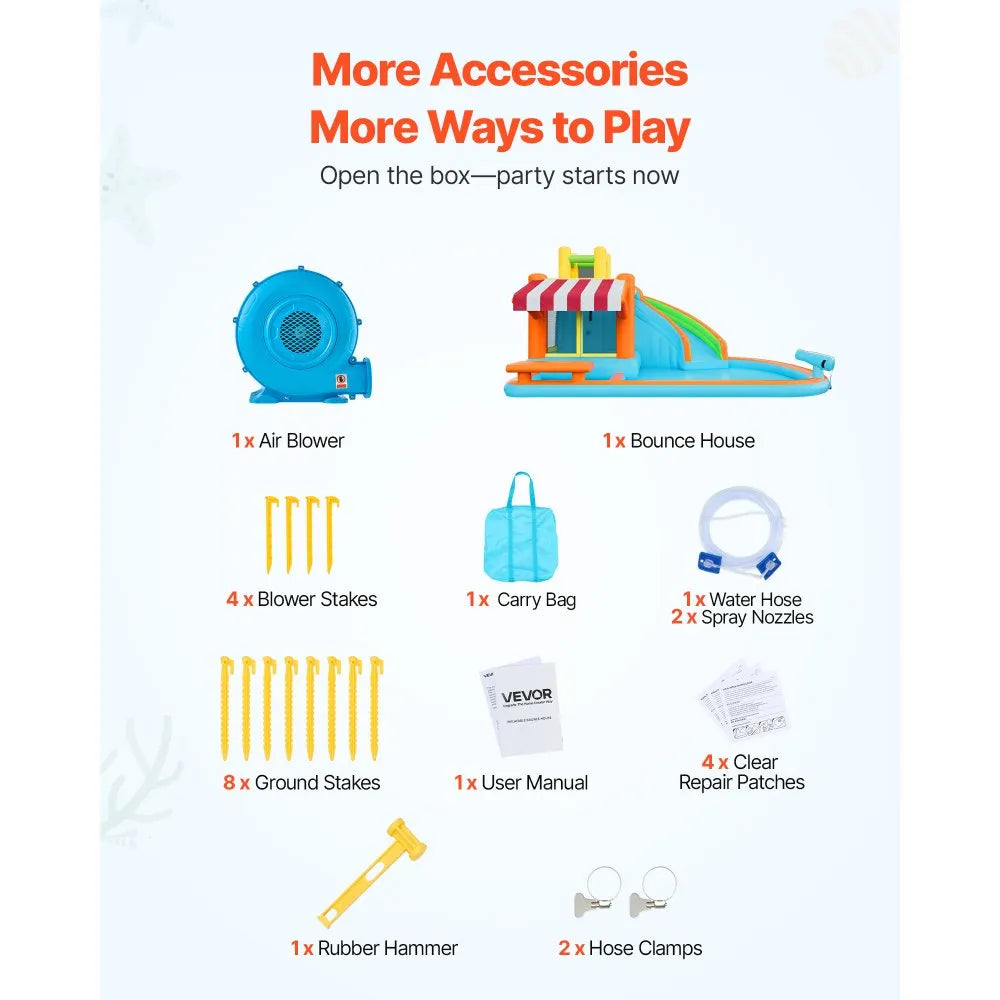 VEVOR Inflatable Bounce House, 14.9 x 12.8 x 7.8 ft Inflatable Bounce House Water Slide, Bouncer Castle with Castle Bounces, Tall Slide, Splash Pool & Pretend Market Booth, for 3 to 4 Kids Ages 3 to 8