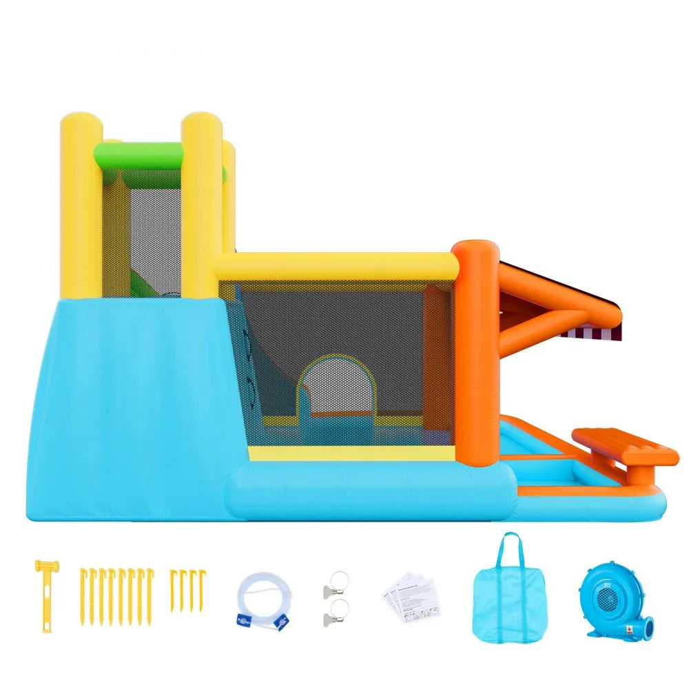 VEVOR Inflatable Bounce House, 14.9 x 12.8 x 7.8 ft Inflatable Bounce House Water Slide, Bouncer Castle with Castle Bounces, Tall Slide, Splash Pool & Pretend Market Booth, for 3 to 4 Kids Ages 3 to 8