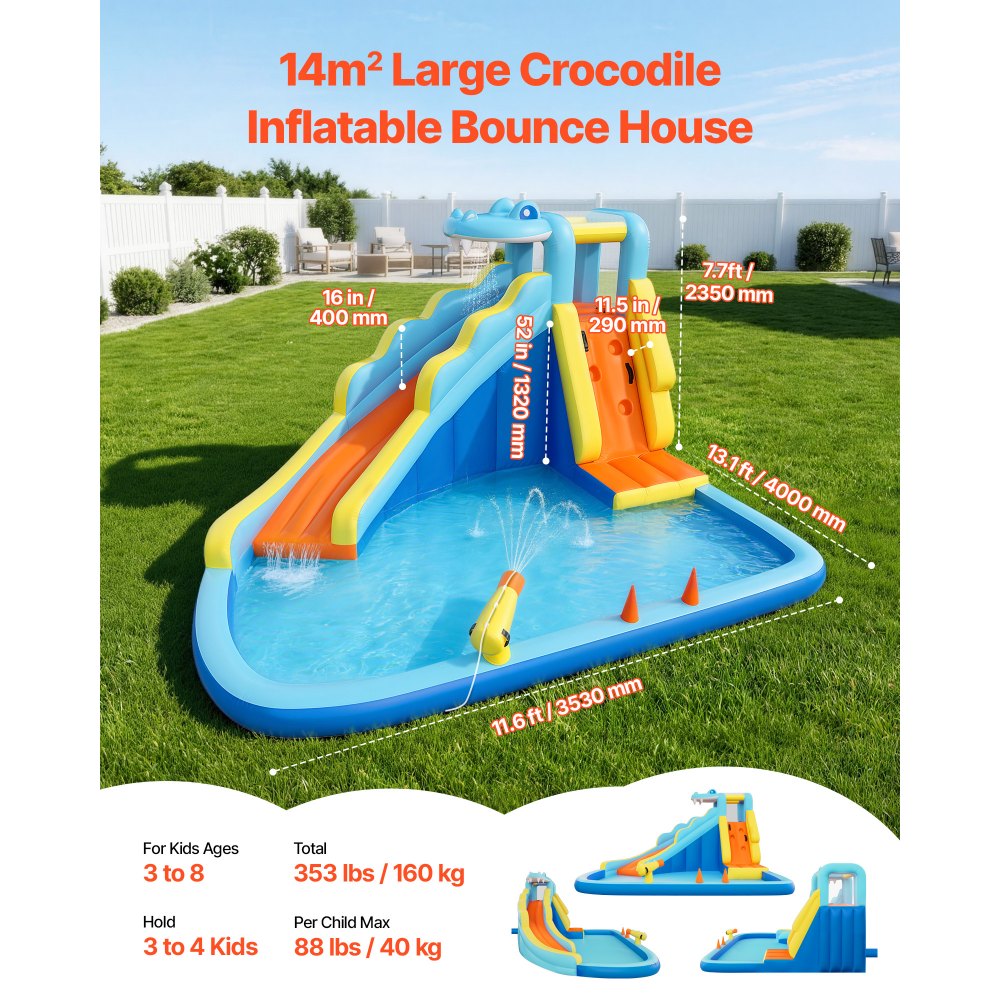 VEVOR Inflatable Bounce House, 11.6 x 13.1 x 7.7 ft Inflatable Bounce House Water Slide, Bouncer Castle with Bounces Zone, Climbing Wall, Splash Pool & Water Ring Toss, for 3 to 4 Kids Ages 3 to 8