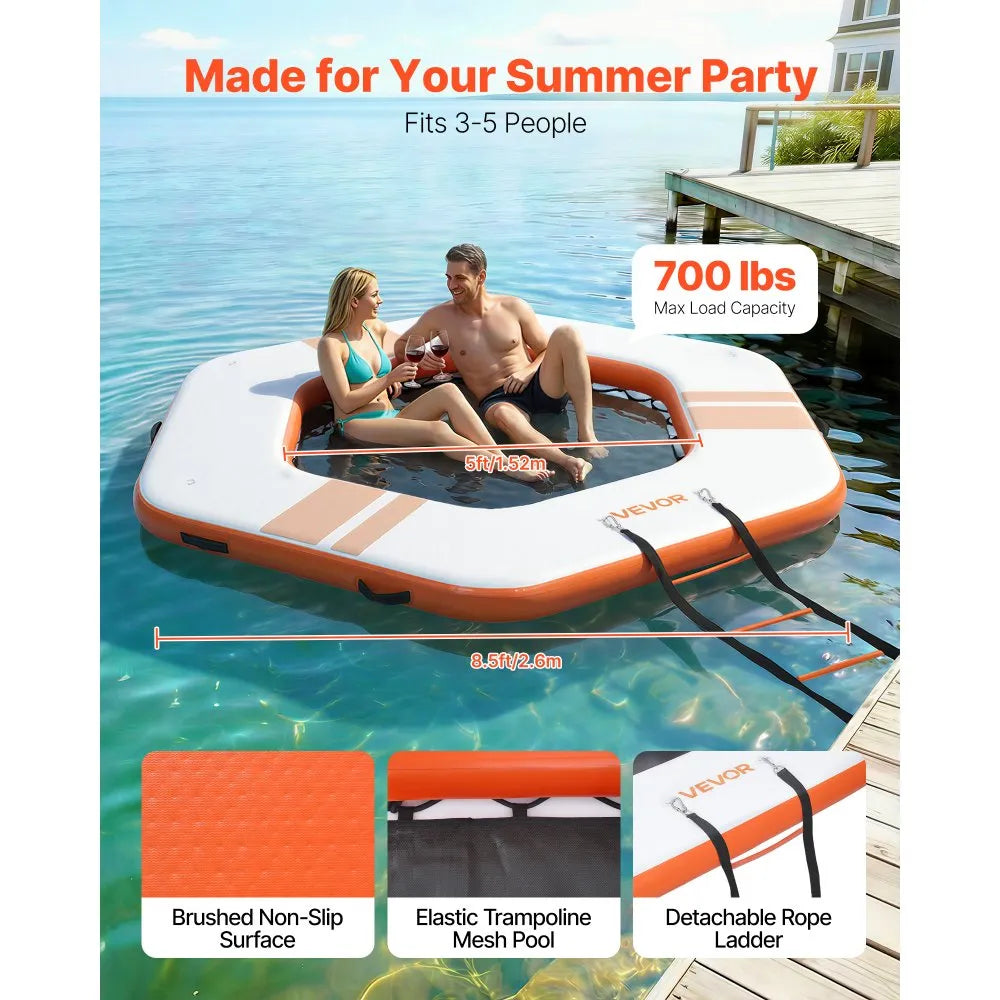 VEVOR Inflatable Floating Dock, 8.5x8.5 FT Inflatable Dock Platform, Non-Slip Water Mat with Portable Carrying Bag & Detachable Ladder, Floating Water Platform Island Raft for Pool Beach Ocean, Orange