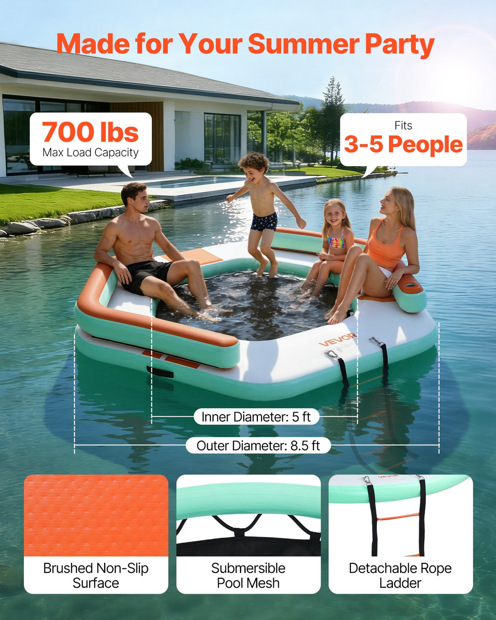 VEVOR Inflatable Floating Dock, 8.5 x 8.5 FT Inflatable Dock Platform, Non-Slip Water Air Mat with Portable Carrying Bag and Detachable Ladder, Floating Water Platform Island Raft for Pool Beach Ocean