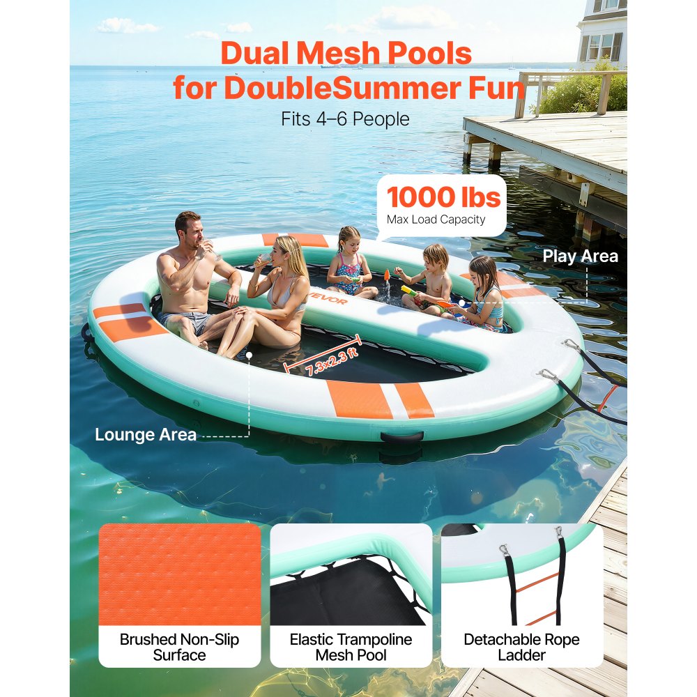 VEVOR Inflatable Floating Dock, 10x8 FT Round Inflatable Dock Platform, Non-Slip Water Air Mat with Portable Carrying Bag & Detachable Ladder, Floating Water Platform Island Raft for Pool Beach Ocean
