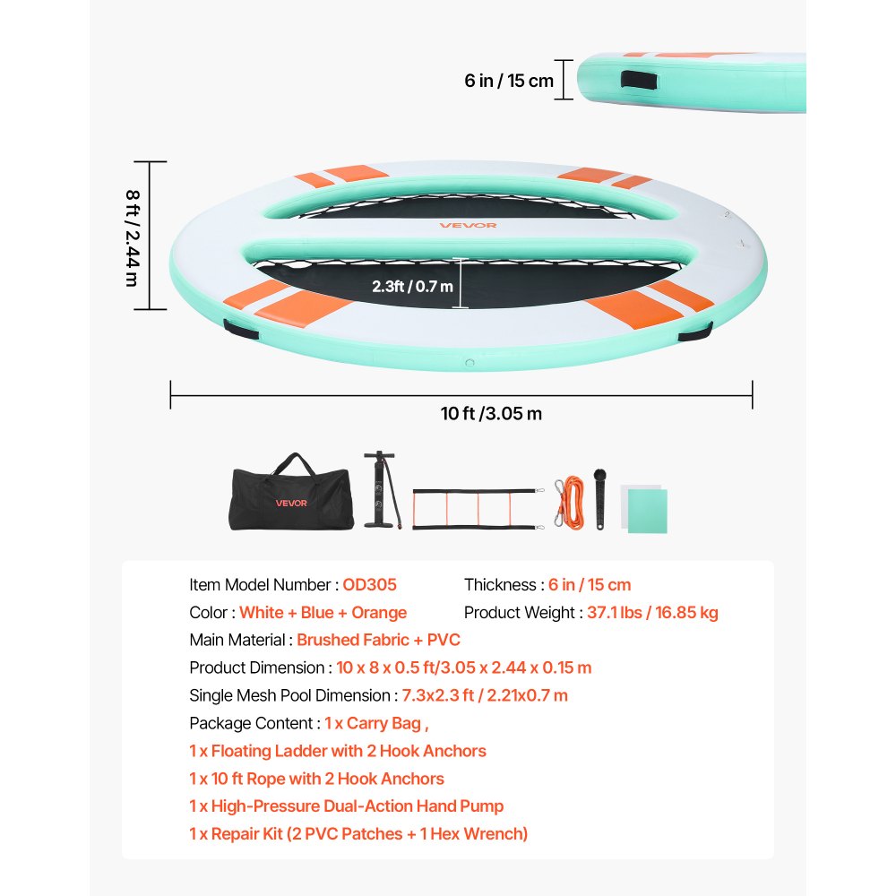 VEVOR Inflatable Floating Dock, 10x8 FT Round Inflatable Dock Platform, Non-Slip Water Air Mat with Portable Carrying Bag & Detachable Ladder, Floating Water Platform Island Raft for Pool Beach Ocean