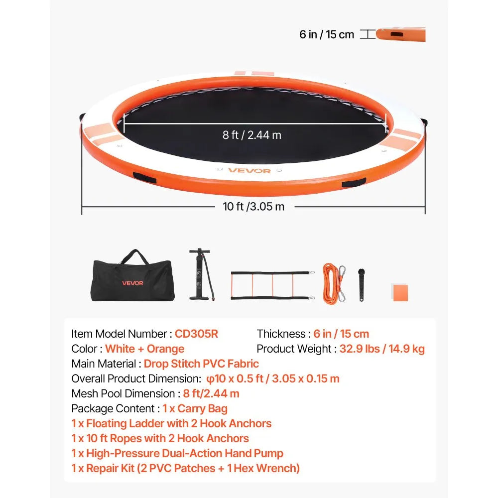 VEVOR Inflatable Floating Dock, 10 FT Inflatable Dock Platform, Non-Slip Water Air Mat with Portable Carrying Bag & Detachable Ladder, Floating Water Platform Island Raft for Pool Beach Ocean, Orange