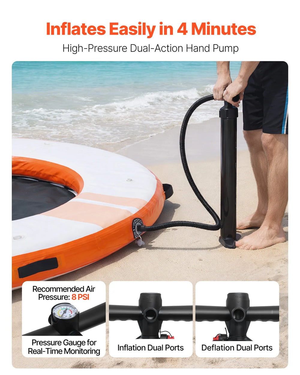 VEVOR Inflatable Floating Dock, 8 FT Inflatable Dock Platform, Non-Slip Water Air Mat with Portable Carrying Bag and Detachable Ladder, Floating Water Platform Island Raft for Pool Beach Ocean, Orange