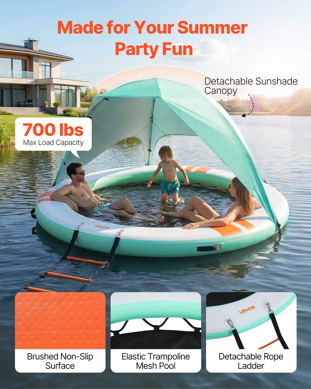 VEVOR Inflatable Floating Dock, 8 FT Round Inflatable Dock Platform, Non-Slip Water Floating Mat with Portable Carrying Bag & Detachable Ladder, Platform Island Raft for Pool Beach Ocean