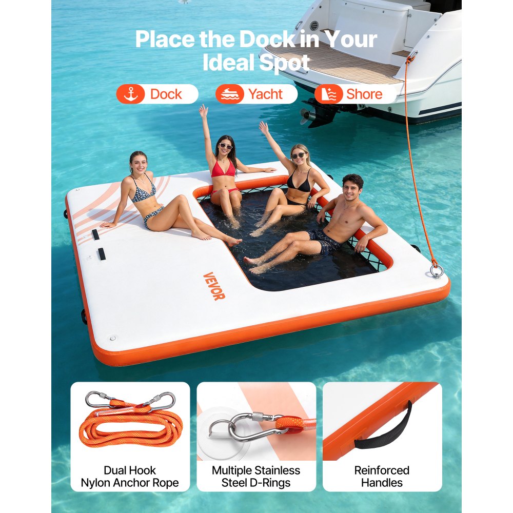 VEVOR Inflatable Floating Dock anchoring options with D-rings, handles and anchor rope