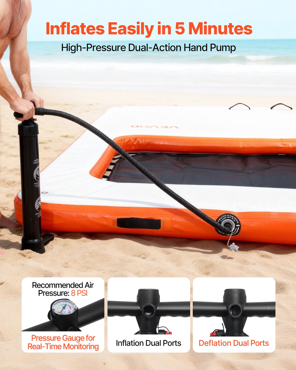 VEVOR Inflatable Floating Dock quick inflation with dual-action hand pump