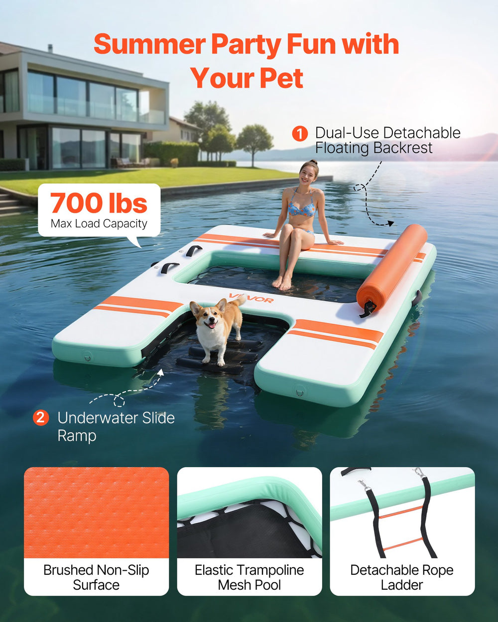 VEVOR Inflatable Floating Dock, 8 x 6 FT Inflatable Dock Platform, Non-Slip Water Air Mat with Portable Carrying Bag and Detachable Ladder, Floating Water Platform Island Raft for Pool Beach Ocean