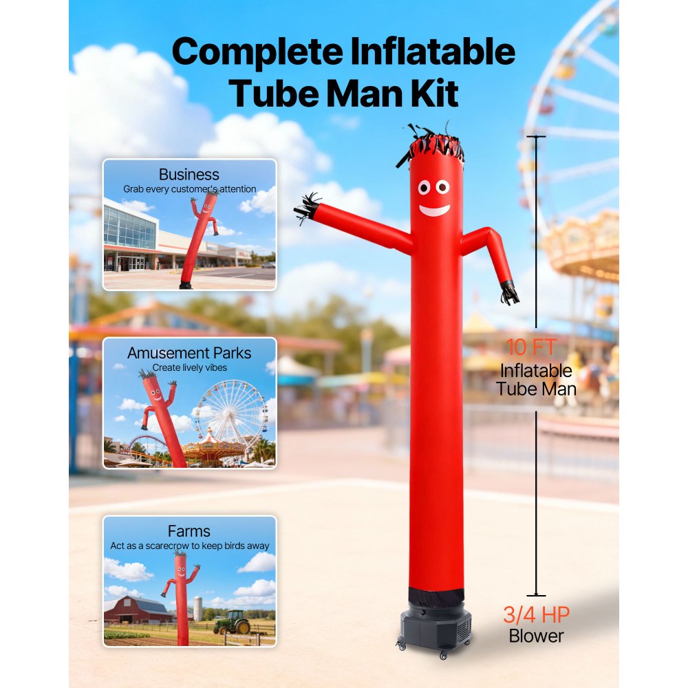 VEVOR Inflatable Tube Man with Blower, 10 ft Tall, Wacky Waving Wind Flying Inflatable Dancing Tube Guy with 3/4 HP IPX3 Waterproof Blower Fan, for Outdoor Advertising Business Store Decoration, Red