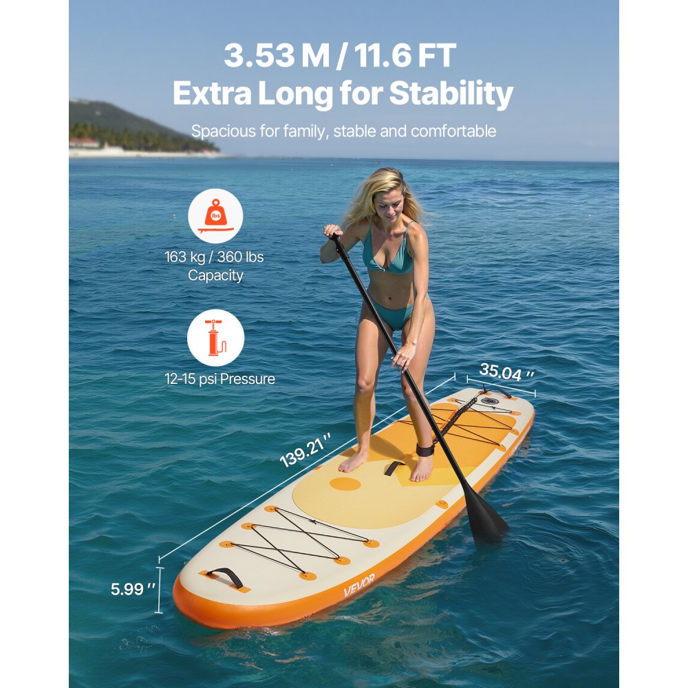 VEVOR Inflatable Stand Up Paddle Board, 11.6' x 35" x 6" Wide Ultra-Light SUP Paddleboard, All Accessories Included, Pump, Paddle, Fin, Backpack, Ankle Leash, Strap, Non-slip Deck for Youth & Adults