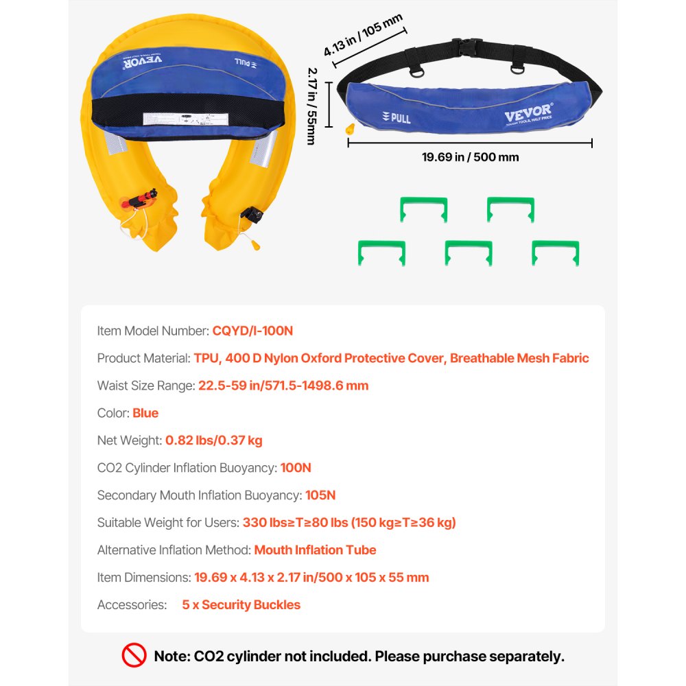VEVOR Manual Inflatable Belt Pack for Adults, 105N Buoyancy, Over 80 Pounds and Up to 59 in Waist Adjustable, Inflatable PFD Waist for SUP Paddelboarding, Kayaking, Blue (CO2 Cylinder Not Included)