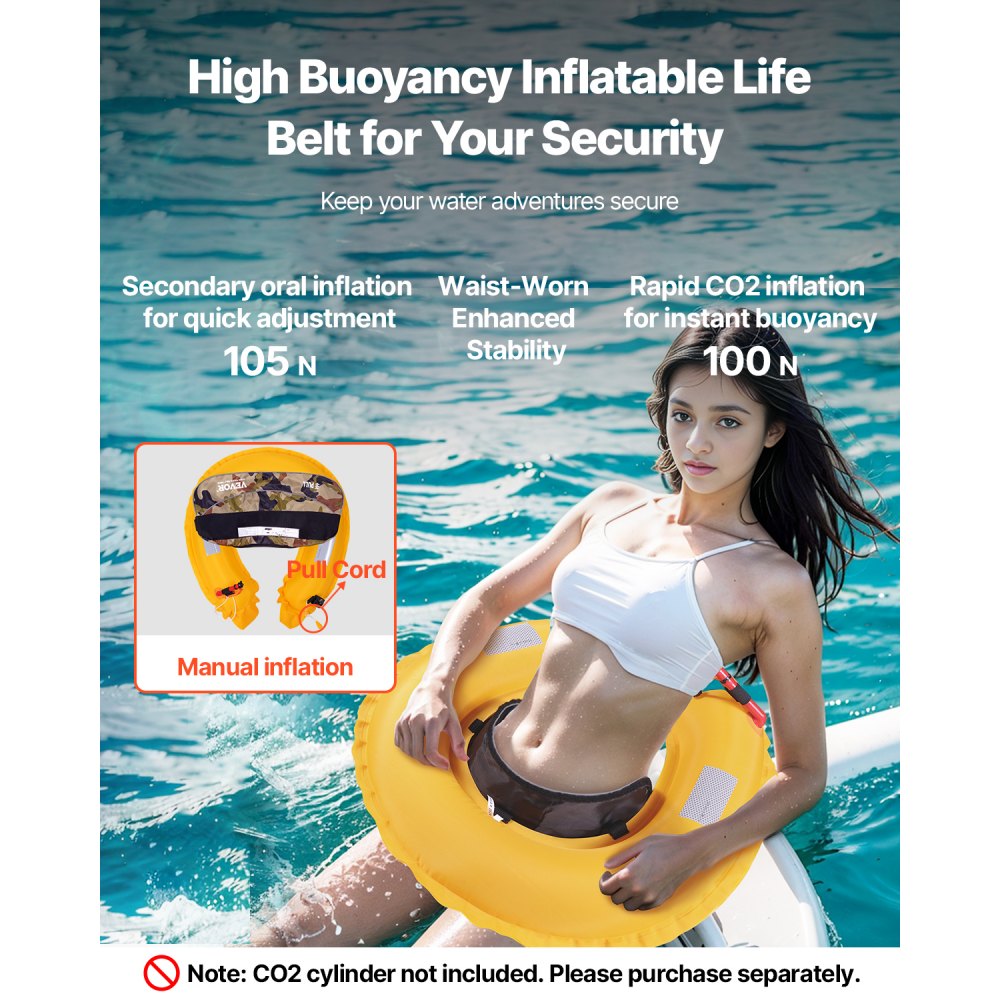 VEVOR Manual Inflatable Belt Pack for Adults, 105N Buoyancy, Over 80 Pounds and Up to 59 in Waist Adjustable, Inflatable PFD Waist for SUP Paddelboarding, Kayaking, Green (CO2 Cylinder Not Included)