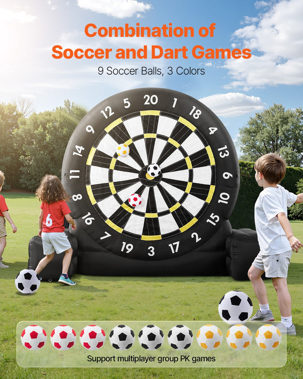 VEVOR inflatable soccer dart board in use outdoors with kids (soccer and dart games combination)