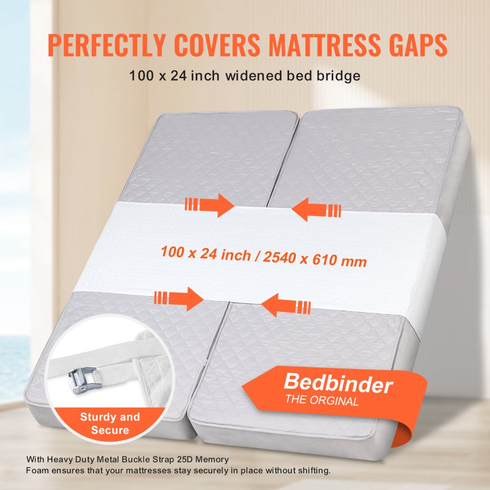 VEVOR Bed Bridge, King Bed Converter Kit, Split King Gap Filler for Adjustable Bed Mattress Connector Mattress Gap Filler with Heavy Duty Metal Buckle Strap 25D Memory Foam (100" L x 24" W)