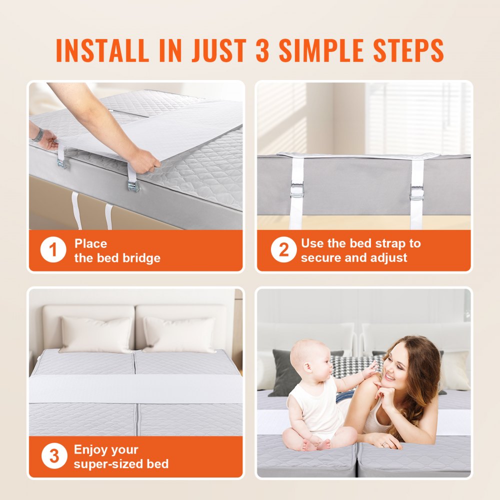 VEVOR Bed Bridge, King Bed Converter Kit, Split King Gap Filler for Adjustable Bed Mattress Connector Mattress Gap Filler with Heavy Duty Metal Buckle Strap 25D Memory Foam (100" L x 24" W)