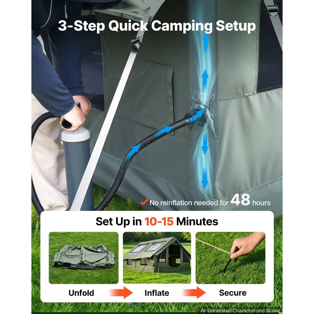 VEVOR Inflatable Tent for Camping 5-8 Person Blow Up Tent with Pump Green, for Family Outdoor Glamping, Waterproof Poly-Cotton, Easy Setup Air House with Skylight, Stove Jack, Mesh Windows & Carry Bag