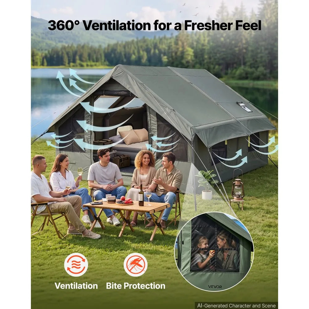 VEVOR Inflatable Tent for Camping 5-8 Person Blow Up Tent with Pump Green, for Family Outdoor Glamping, Waterproof Poly-Cotton, Easy Setup Air House with Skylight, Stove Jack, Mesh Windows & Carry Bag