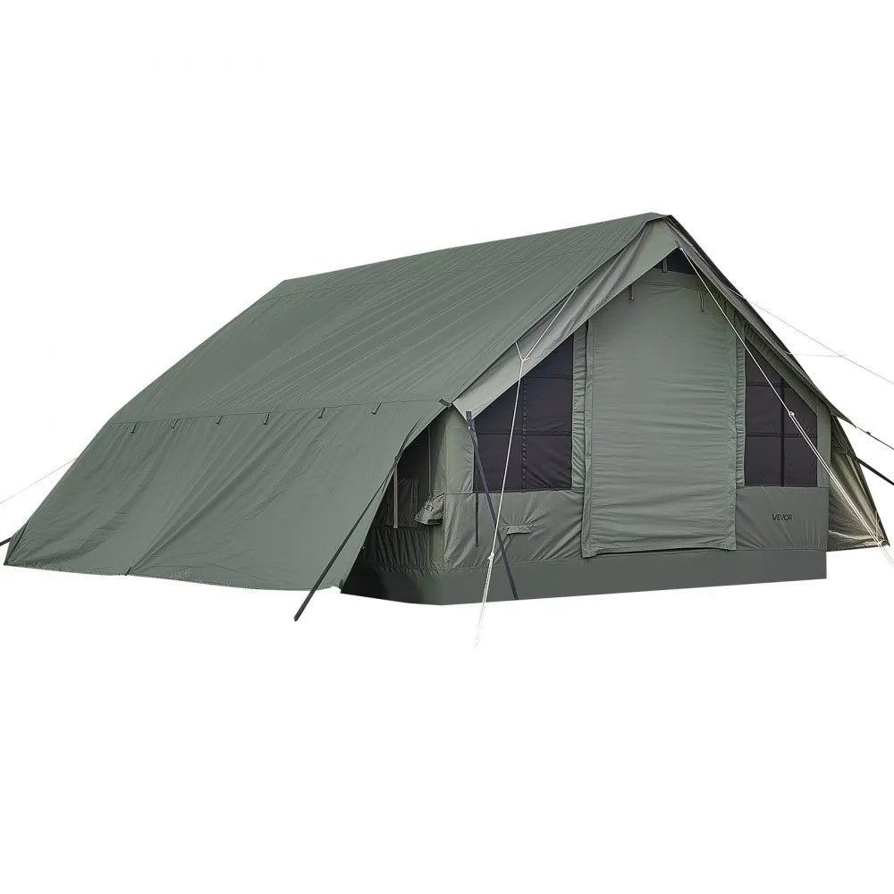 VEVOR Inflatable Tent for Camping 5-8 Person Blow Up Tent with Pump Green, for Family Outdoor Glamping, Waterproof Poly-Cotton, Easy Setup Air House with Skylight, Stove Jack, Mesh Windows & Carry Bag
