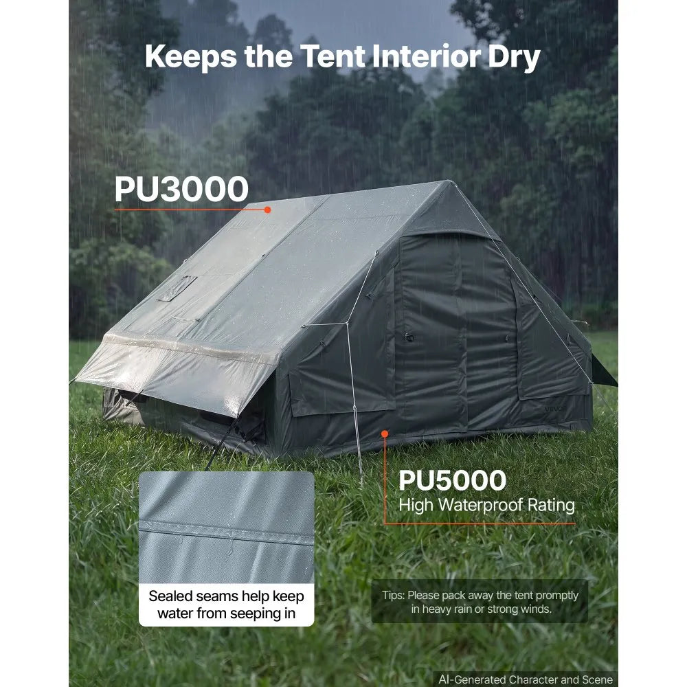 VEVOR Inflatable Tent for Camping 5-8 Person Blow Up Tent with Hand Pump, for Family Outdoor Glamping, Waterproof 420D Oxford, Easy Setup Air House with Skylight, Stove Jack, Mesh Windows & Carry Bag