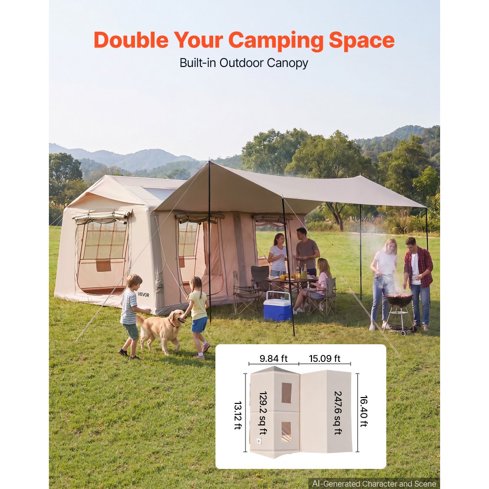 VEVOR Inflatable Tent for Camping 5-8 Person Blow Up Tent with Pump Beige, for Family Outdoor Glamping, Waterproof 420D Oxford, Easy Setup Air House with Skylight, Canopy, Stove Jack & Mesh Windows