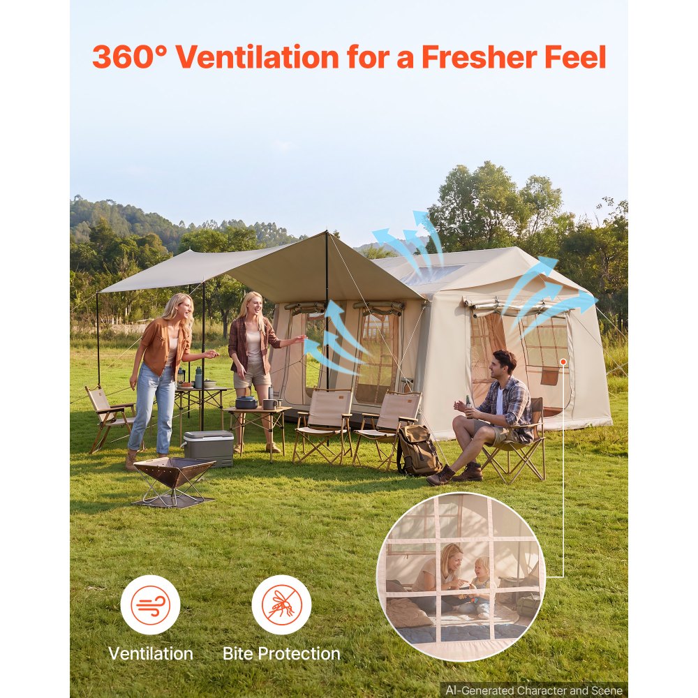 VEVOR Inflatable Tent for Camping 5-8 Person Blow Up Tent with Pump Beige, for Family Outdoor Glamping, Waterproof 420D Oxford, Easy Setup Air House with Skylight, Canopy, Stove Jack & Mesh Windows