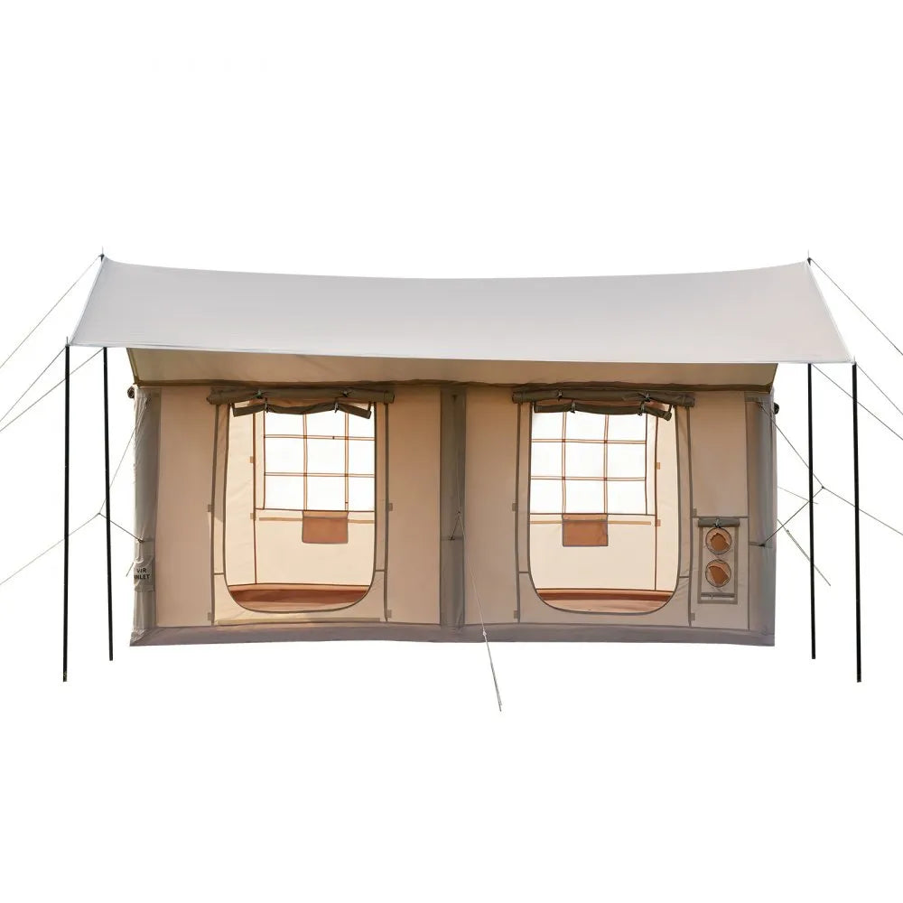 VEVOR Inflatable Tent for Camping 5-8 Person Blow Up Tent with Pump Beige, for Family Outdoor Glamping, Waterproof 420D Oxford, Easy Setup Air House with Skylight, Canopy, Stove Jack & Mesh Windows