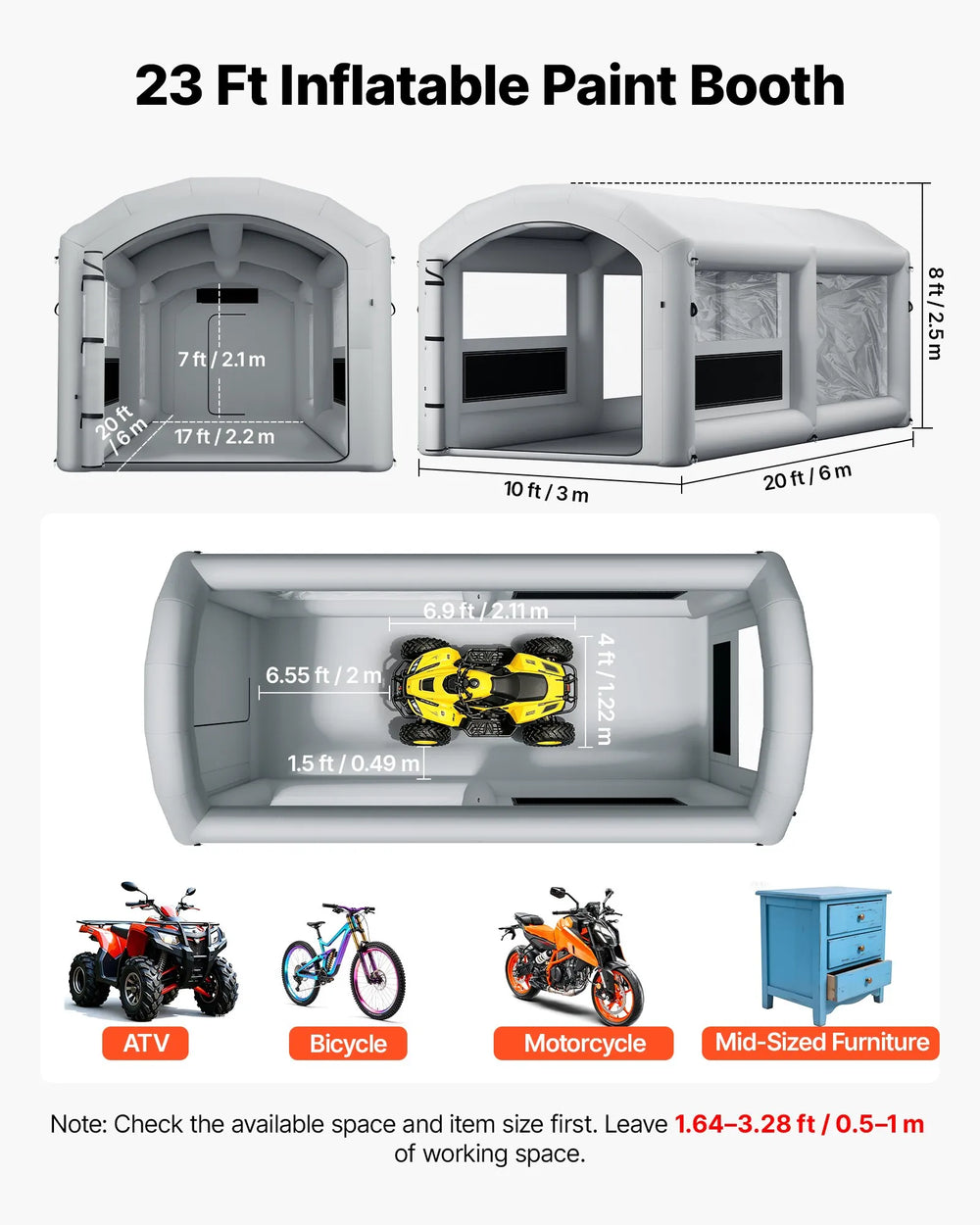 VEVOR Inflatable Paint Booth, 20 x 10 x 8 ft, Portable Spray Booth with 480W+750W Blowers and Large Filter Cotton, Arched Roof Blow Up Painting Tent for ATV, Motorcycle, and Medium Furniture, Gray