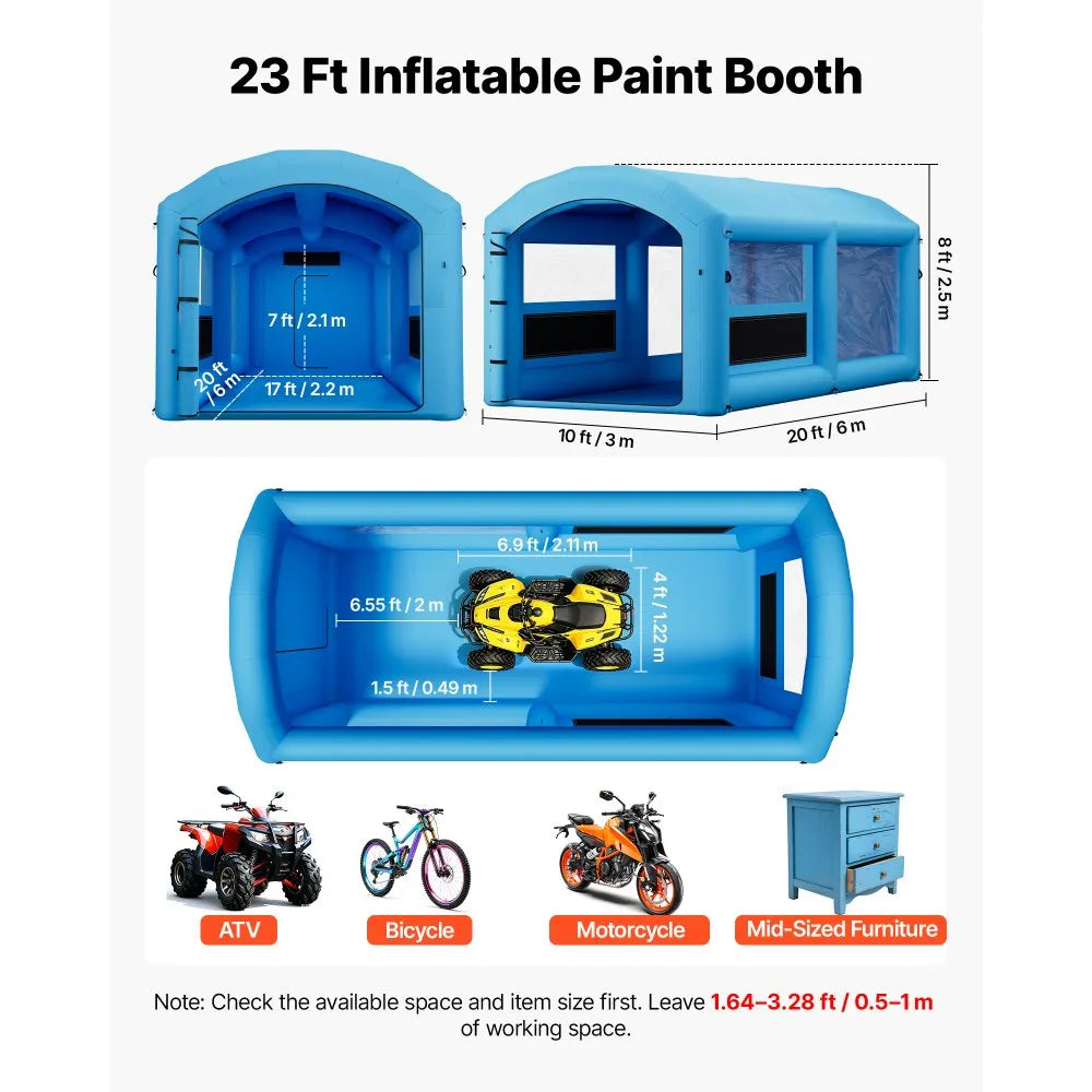 VEVOR Inflatable Paint Booth, 20 x 10 x 8 ft, Portable Spray Booth with 480W+750W Blowers and Large Filter Cotton, Arched Roof Blow Up Painting Tent for ATV, Motorcycle, and Medium Furniture, Blue