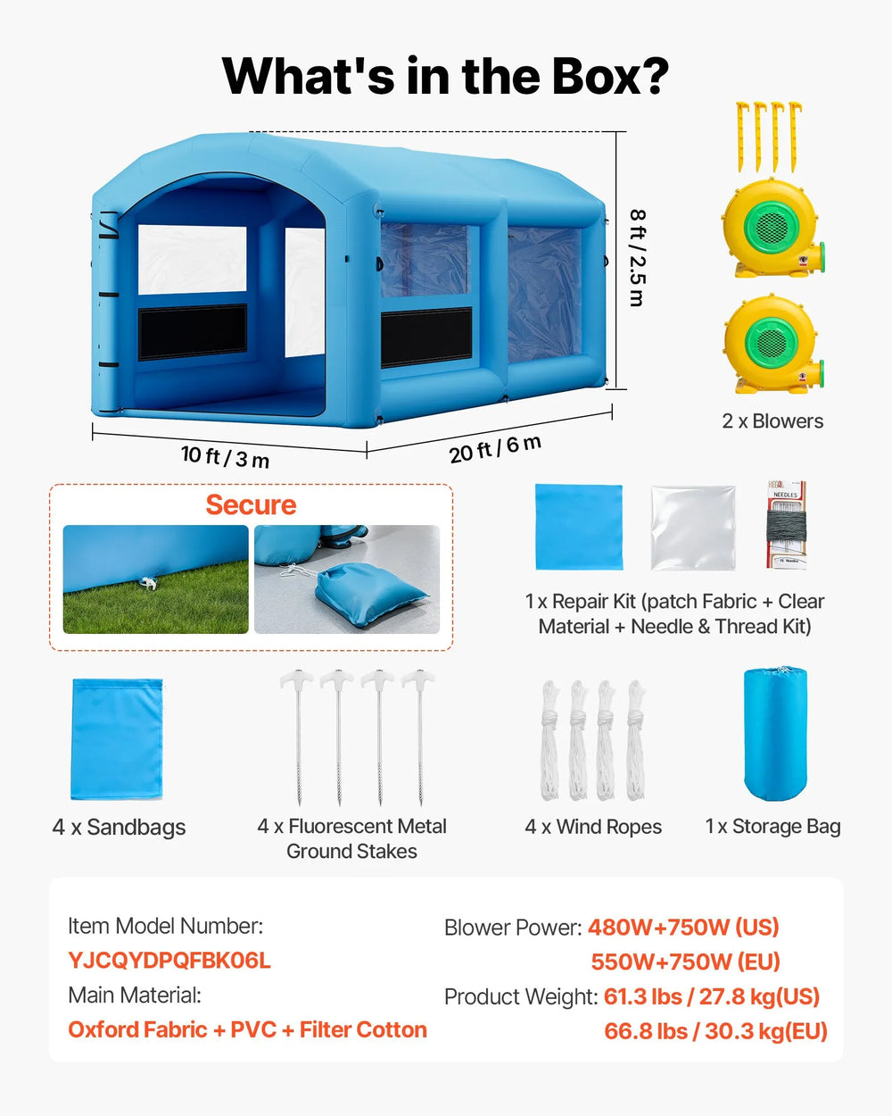 VEVOR Inflatable Paint Booth, 20 x 10 x 8 ft, Portable Spray Booth with 480W+750W Blowers and Large Filter Cotton, Arched Roof Blow Up Painting Tent for ATV, Motorcycle, and Medium Furniture, Blue