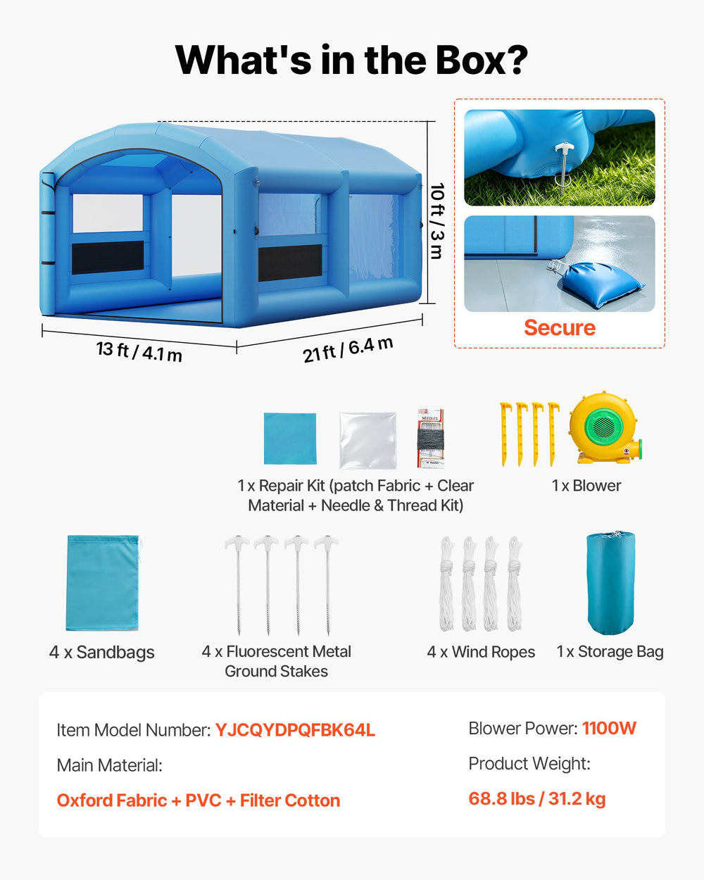 VEVOR Inflatable Paint Booth, 21 x 13 x 10 ft, Portable Spray Booth with 1100W Powerful Blower and Large Filter Cotton, Arched Roof Blow Up Painting Tent for Mid-Size Pickup Truck, Large Furniture
