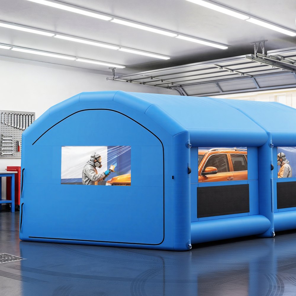VEVOR Inflatable Paint Booth, 26 x 15 x 10 ft, Portable Spray Booth with 750W+950W Blowers and Large Filter Cotton, Arched Roof Blow Up Painting Tent for Full-Size Pickup Truck, Small Speedboat, Blue