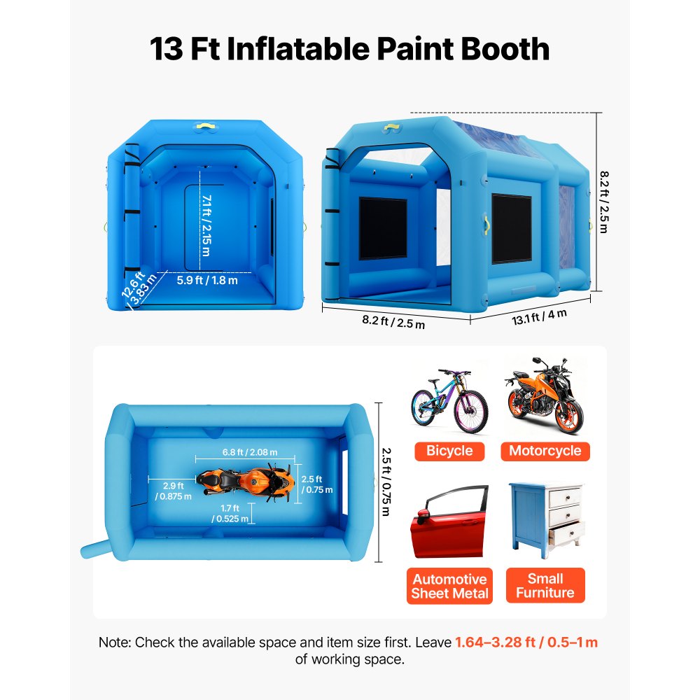VEVOR Inflatable Paint Booth, 13.1 x 8.2 x 8.2 ft, Portable Spray Booth with 750W Powerful Blower and Large Filter Cotton, Blow Up Painting Tent for Bike, Motorcycle, and Small Furniture, Blue