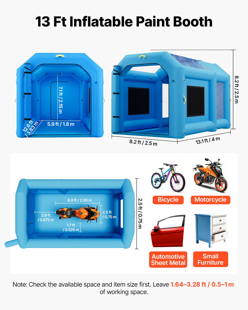 VEVOR Inflatable Paint Booth, 13.1 x 8.2 x 8.2 ft, Portable Spray Booth with 750W Powerful Blower and Large Filter Cotton, Blow Up Painting Tent for Bike, Motorcycle, and Small Furniture, Blue