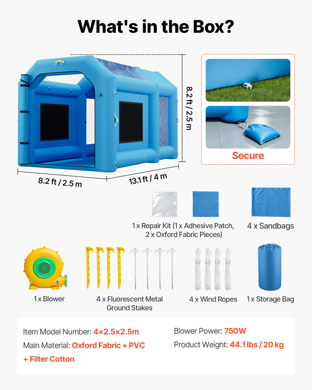 VEVOR Inflatable Paint Booth, 13.1 x 8.2 x 8.2 ft, Portable Spray Booth with 750W Powerful Blower and Large Filter Cotton, Blow Up Painting Tent for Bike, Motorcycle, and Small Furniture, Blue