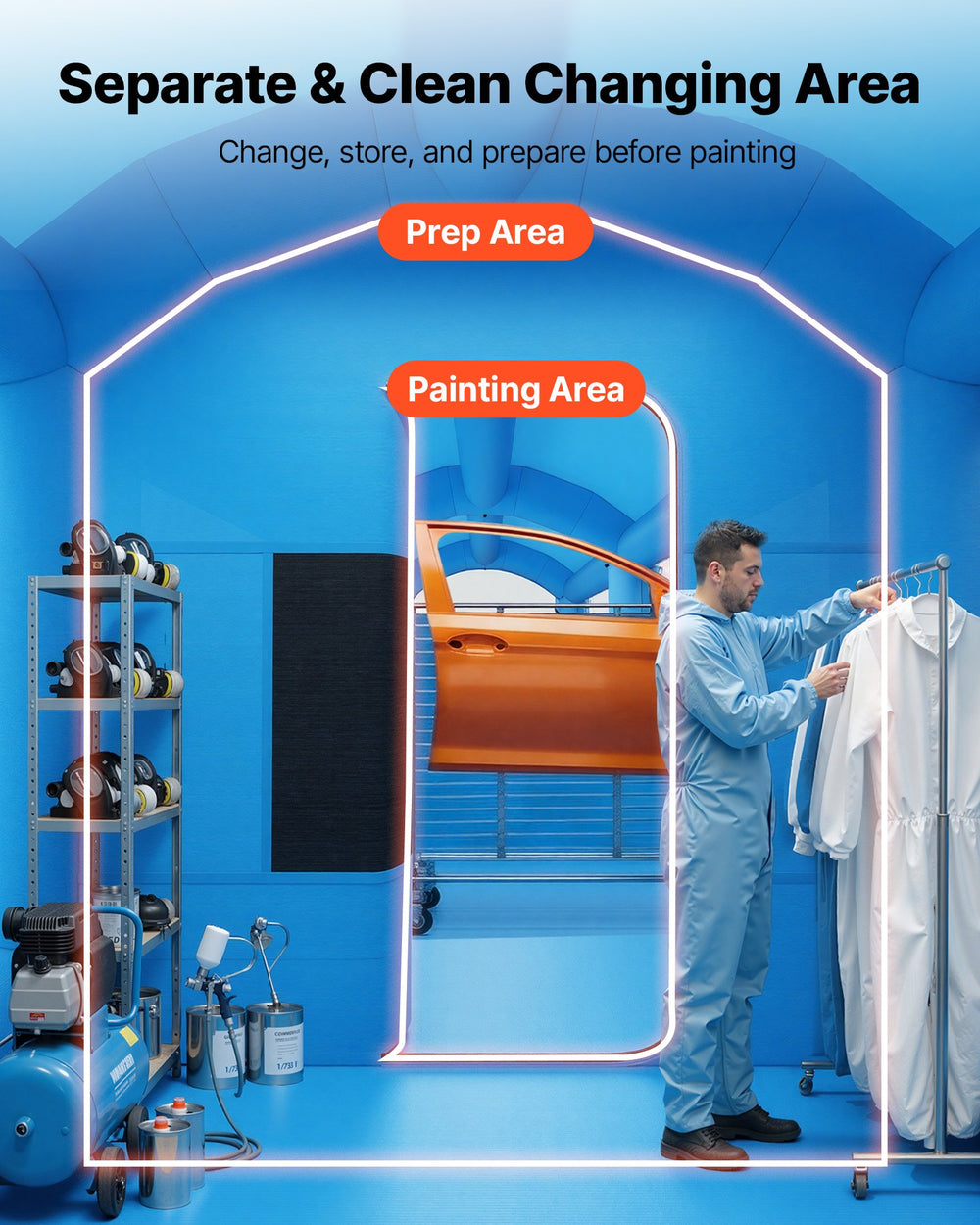 VEVOR Inflatable Paint Booth, 20 x 10 x 8 ft, Portable Spray Booth with 480W+750W Blowers, Large Filter Cotton, Changing Area, Arched Roof Painting Tent for Bike, Motorcycle, and Furniture, Blue