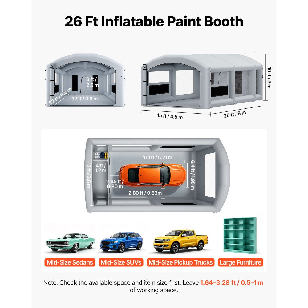 VEVOR Inflatable Paint Booth, 26 x 15 x 10 ft, Portable Spray Booth with 750W+950W Blowers, Large Filter Cotton, Changing Area, Arched Roof Painting Tent for Mid-Size Pickup, Large Furniture, Gray