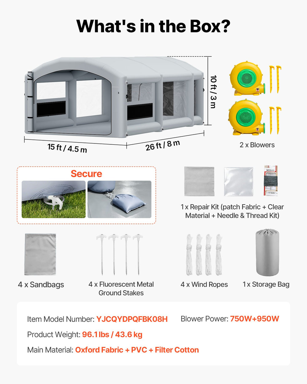 VEVOR Inflatable Paint Booth, 26 x 15 x 10 ft, Portable Spray Booth with 750W+950W Blowers, Large Filter Cotton, Changing Area, Arched Roof Painting Tent for Mid-Size Pickup, Large Furniture, Gray