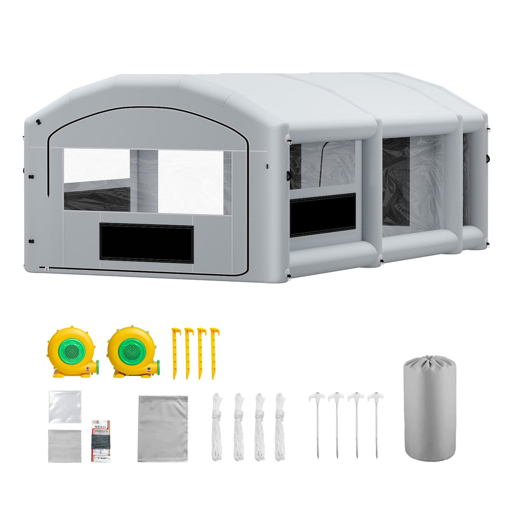 VEVOR Inflatable Paint Booth, 26 x 15 x 10 ft, Portable Spray Booth with 750W+950W Blowers, Large Filter Cotton, Changing Area, Arched Roof Painting Tent for Mid-Size Pickup, Large Furniture, Gray