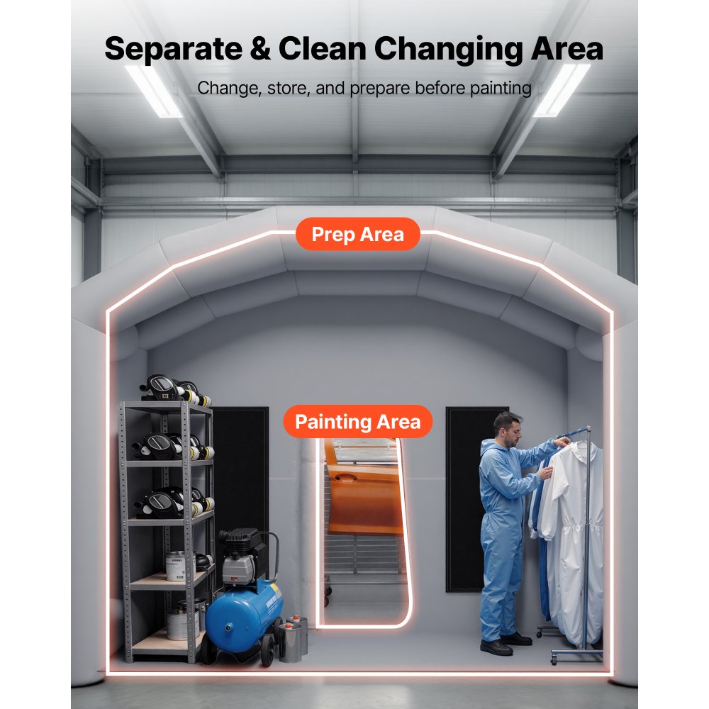 VEVOR Inflatable Paint Booth, 30 x 16 x 12 ft, Portable Spray Booth with 750W+950W Blowers, Large Filter Cotton, Changing Area, Arched Roof Painting Tent for Full-Size Pickup, Small Speedboat, Gray