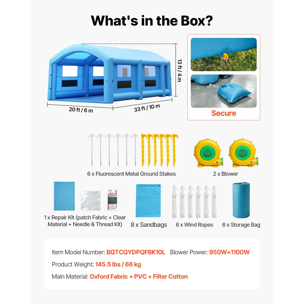VEVOR Inflatable Paint Booth, 33 x 20 x 13 ft, Portable Spray Booth with 950W+1100W Blowers, Large Filter Cotton, Changing Area, Arched Roof Painting Tent for Full-Size Pickup Truck, Small Speedboat