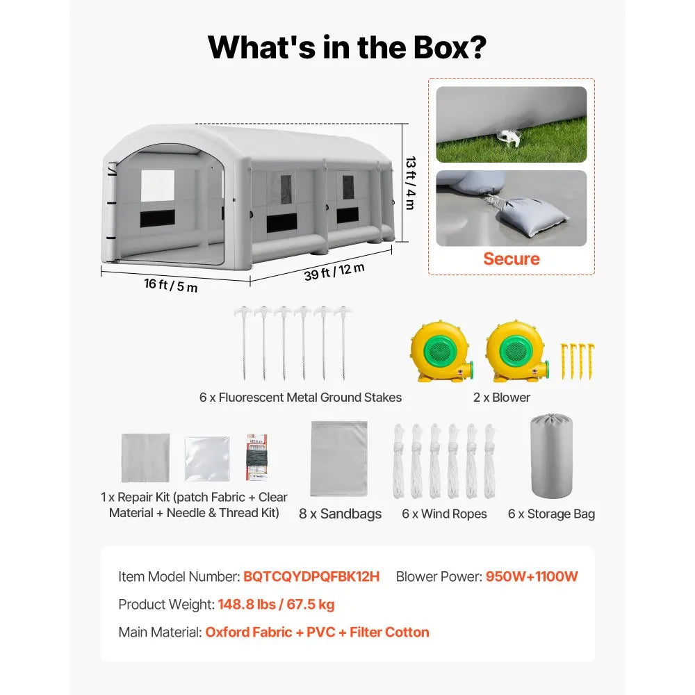 VEVOR Inflatable Paint Booth, 39 x 16 x 13 ft, Portable Spray Booth with 950W+1100W Blowers, Large Filter Cotton, Changing Area, Arched Roof Painting Tent for Heavy-Duty Pickup Truck and Van, Gray