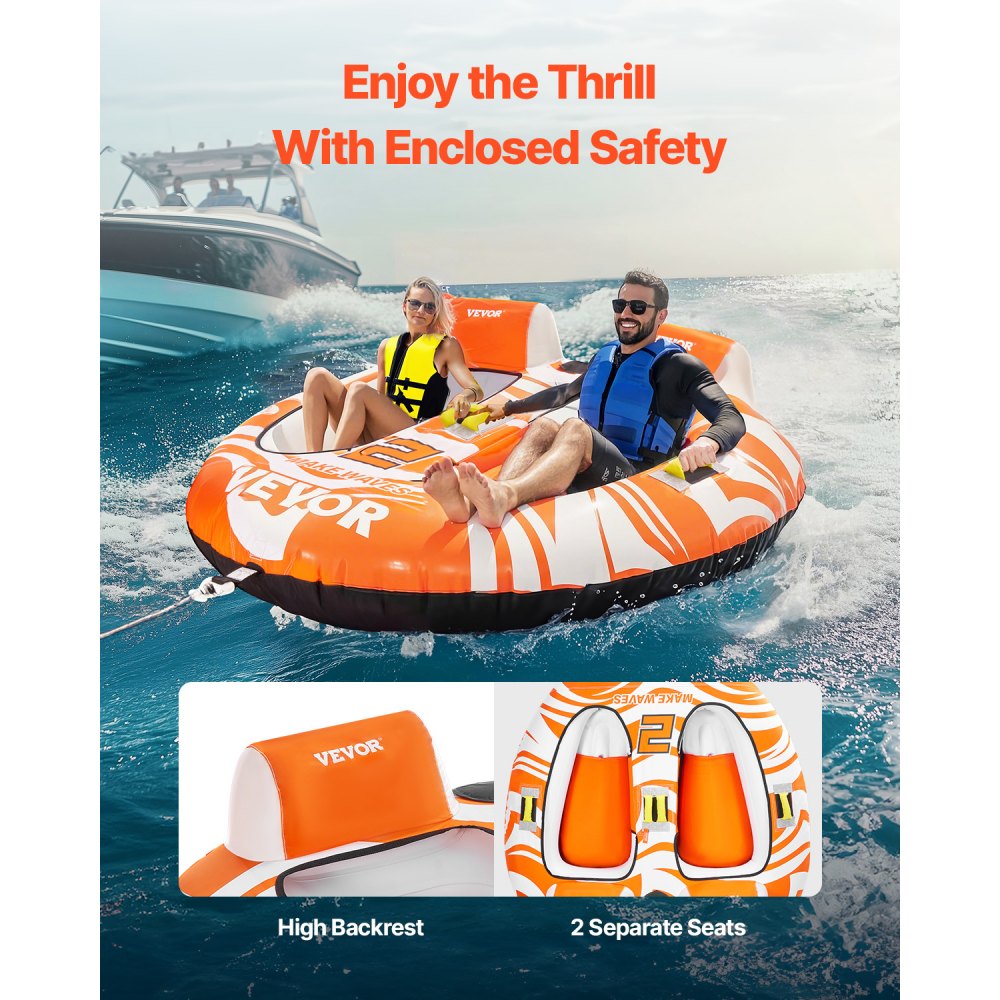 VEVOR Towable Tubes for Boating 2 Person, Inflatable Boat Tubes and Towables with 2 Cockpits, 340lbs Water Sport Tubes for Boat to Pull - with 840D Full Nylon Cover, Padded Grab Handles & Safety Valve