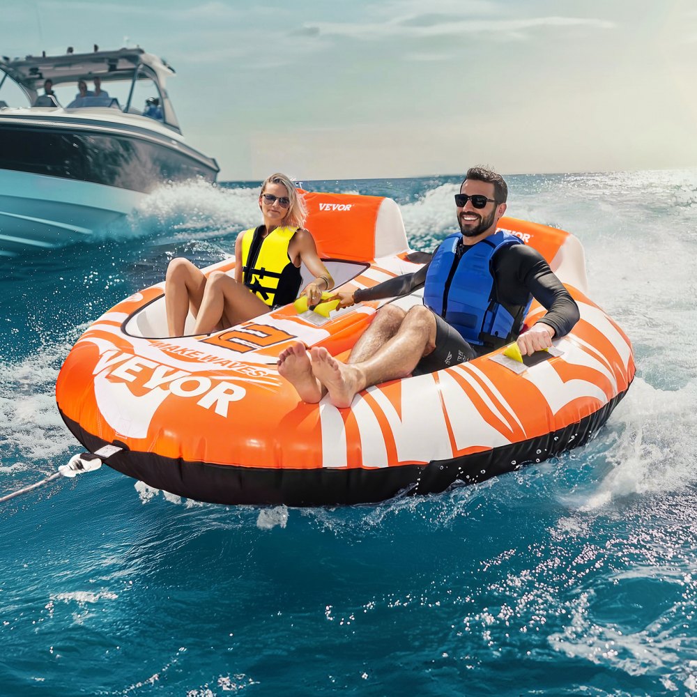 VEVOR Towable Tubes for Boating 2 Person, Inflatable Boat Tubes and Towables with 2 Cockpits, 340lbs Water Sport Tubes for Boat to Pull - with 840D Full Nylon Cover, Padded Grab Handles & Safety Valve